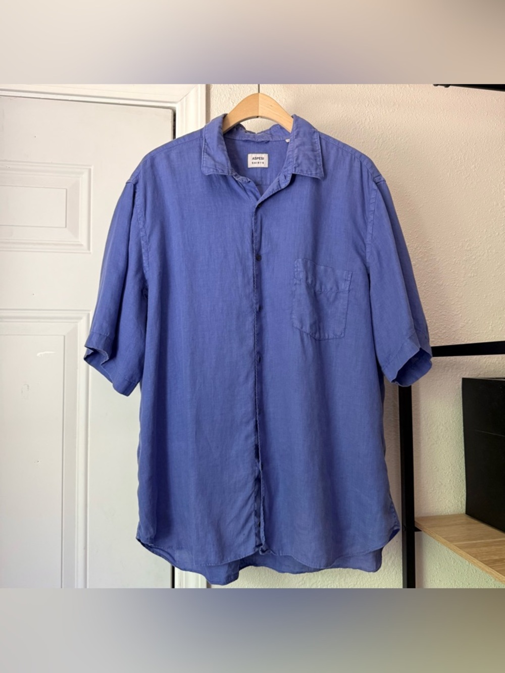 ASPESI men’s blue indigo purple linen short‎ sleeve button up shirt